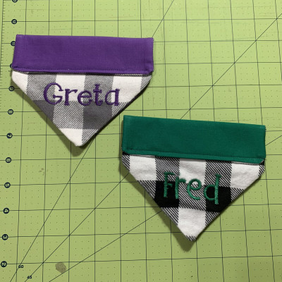 My pup’s stylish bandanas. Flannel and quilters cotton.  machine embroidery.