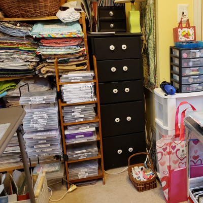 Craft room w/ stamp & die storage in DVD towers - Julie Anderson